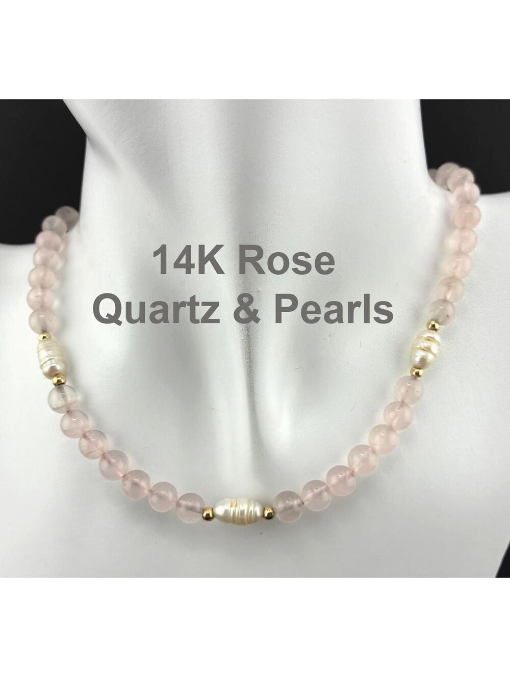 14K Gold Rose Quartz and Freshwater Pearl Necklace with Spring Ring Clasp 20"